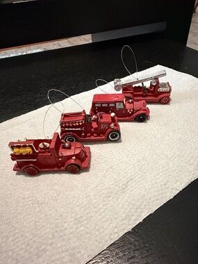 Set of Four Red Mini Fire Truck Ornaments